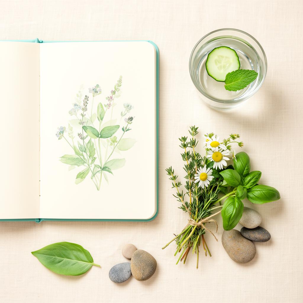 Carnet ouvert avec aquarelle botanique, herbes fraîches et verre d'eau infusée
