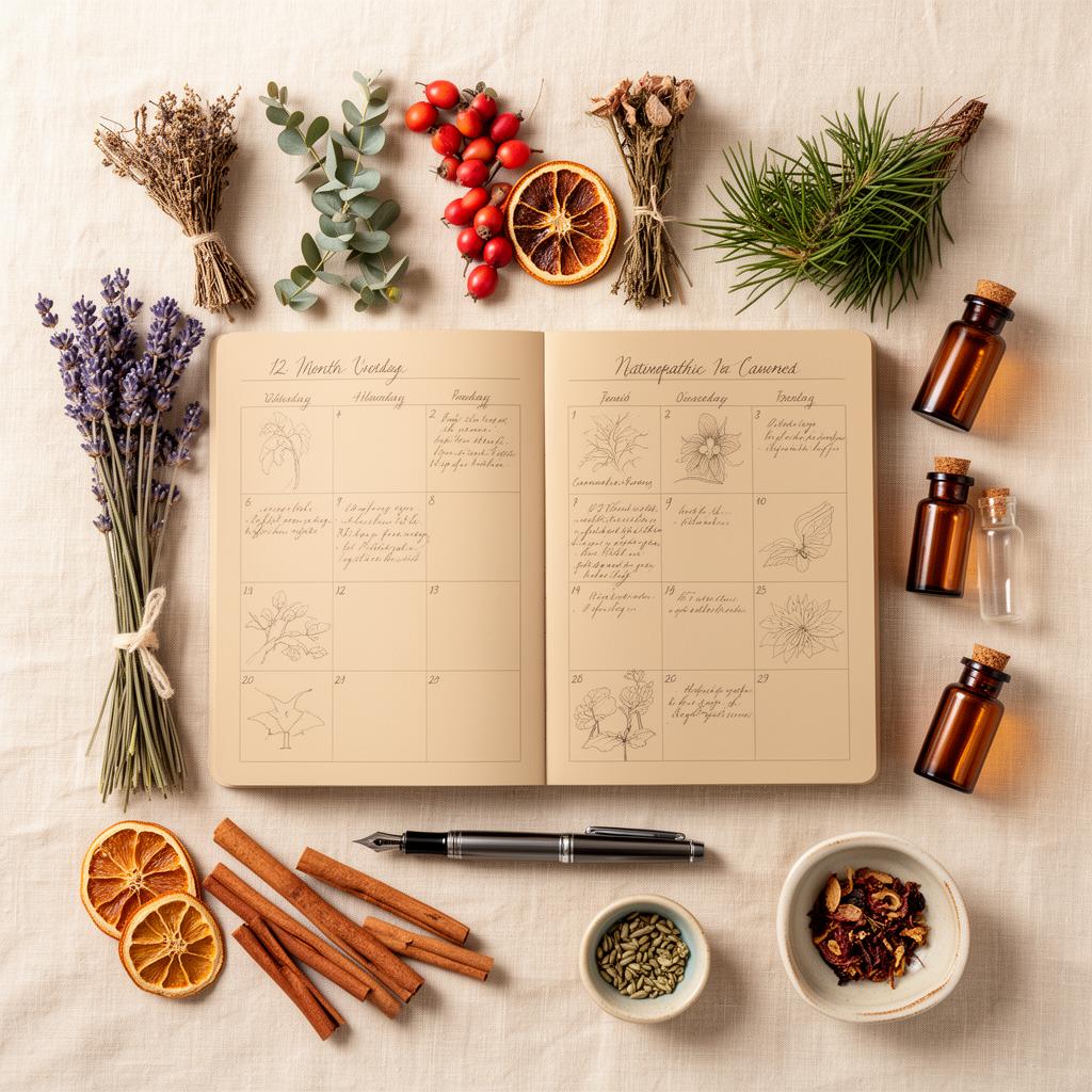 Planner naturopathique 12 mois entouré de plantes séchées des quatre saisons, flacons et épices